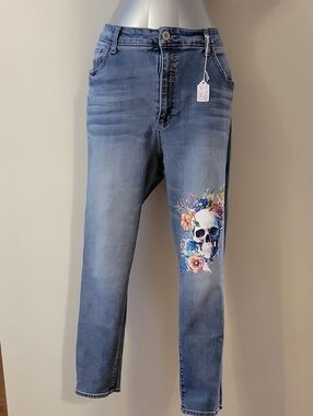 Women's Blue Denim Jeans with Floral Skull Print